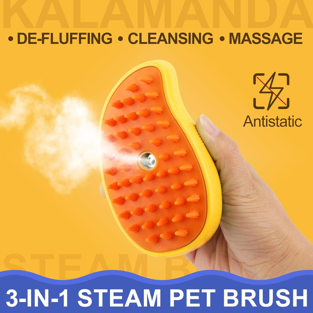 Cat&Dog Steam Brush 3 in 1, Silicone Massage Grooming Brush Cleanser, Pet Hair Cleaning Brush Comb for Cats and Dogs, Steamy Pet Brush, Cat Grooming Tool, Dog Fur Remover, Pet Care Brush (Mango yellow)