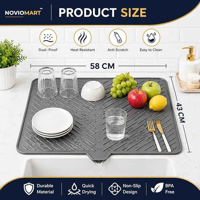 Silicone Dish Drying Mat for Kitchen Sink, Heat Resistant (50×43 cm, Grey)