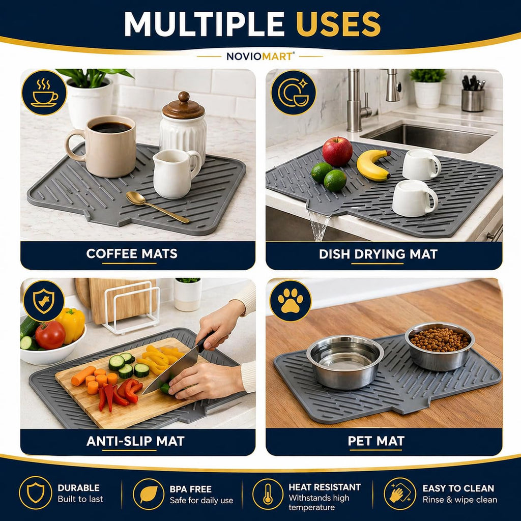 Silicone Dish Drying Mat for Kitchen Sink, Heat Resistant (50×43 cm, Grey)