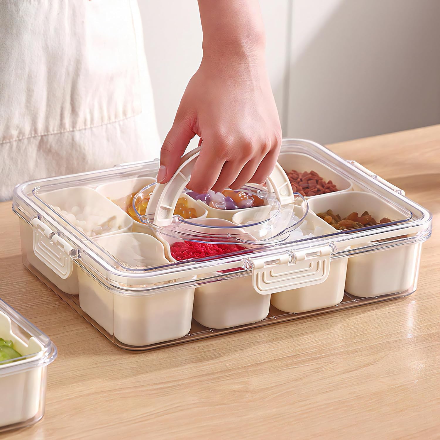 Snacks Box & Fridge Storage Boxes With 8 Serving Veggie Tray with Lid and Handle, Fridge Organizer with Removable 8 Compartment, Fridge Storage Containers (8 Compartment-1PC)