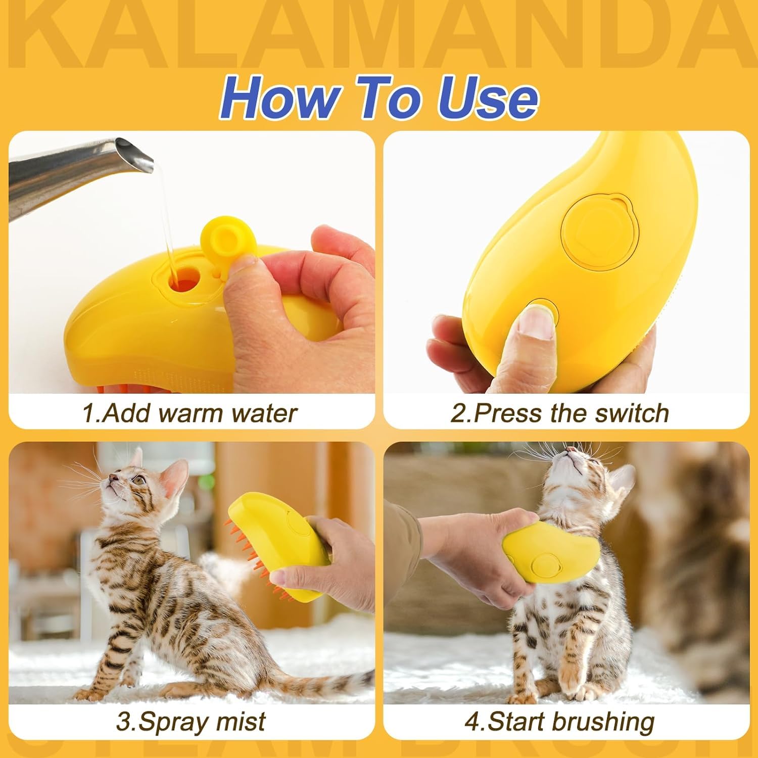 Cat&Dog Steam Brush 3 in 1, Silicone Massage Grooming Brush Cleanser, Pet Hair Cleaning Brush Comb for Cats and Dogs, Steamy Pet Brush, Cat Grooming Tool, Dog Fur Remover, Pet Care Brush (Mango yellow)