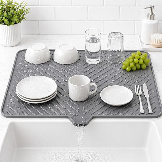 Silicone Dish Drying Mat for Kitchen Sink, Heat Resistant (50×43 cm, Grey)