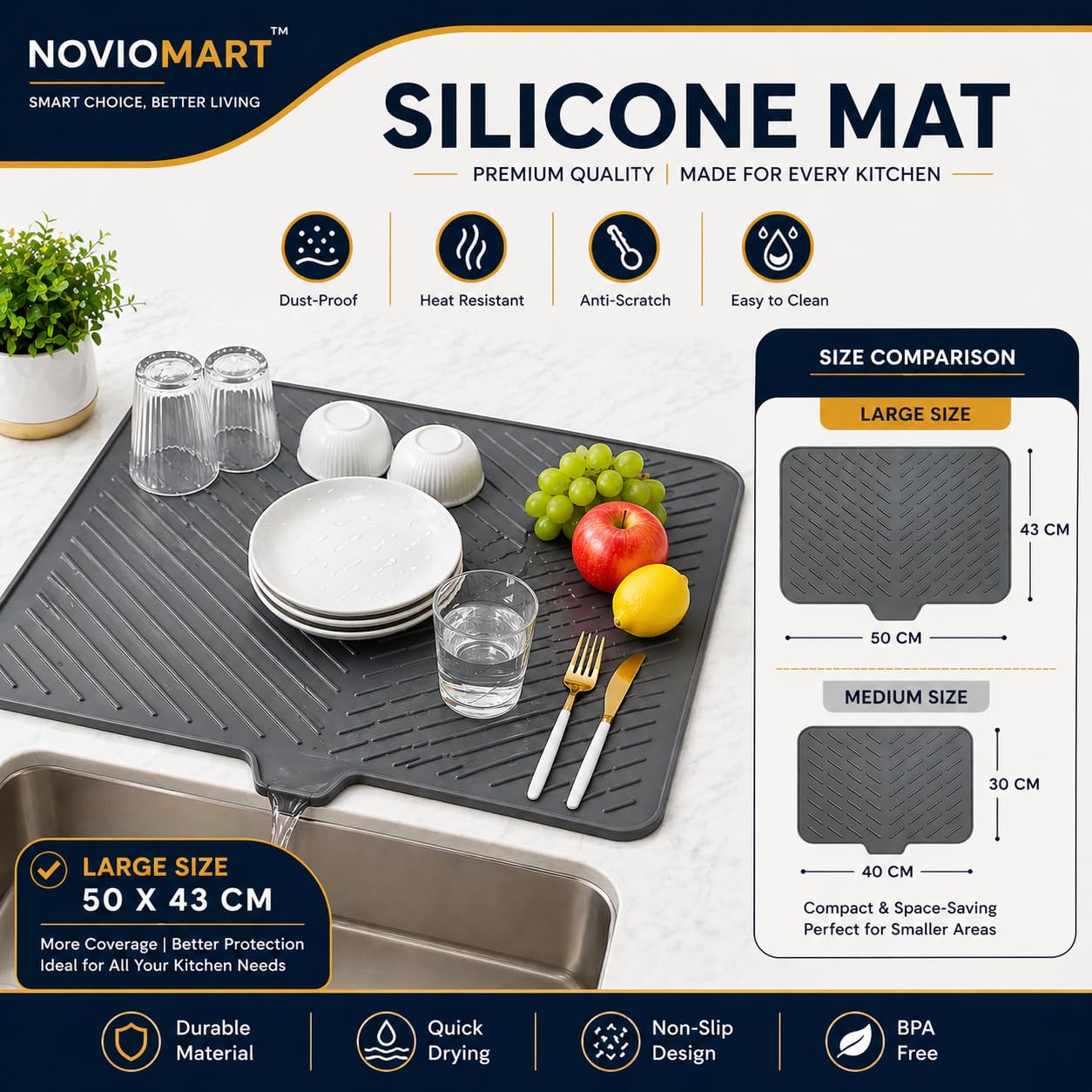Silicone Dish Drying Mat for Kitchen Sink, Heat Resistant (50×43 cm, Grey)