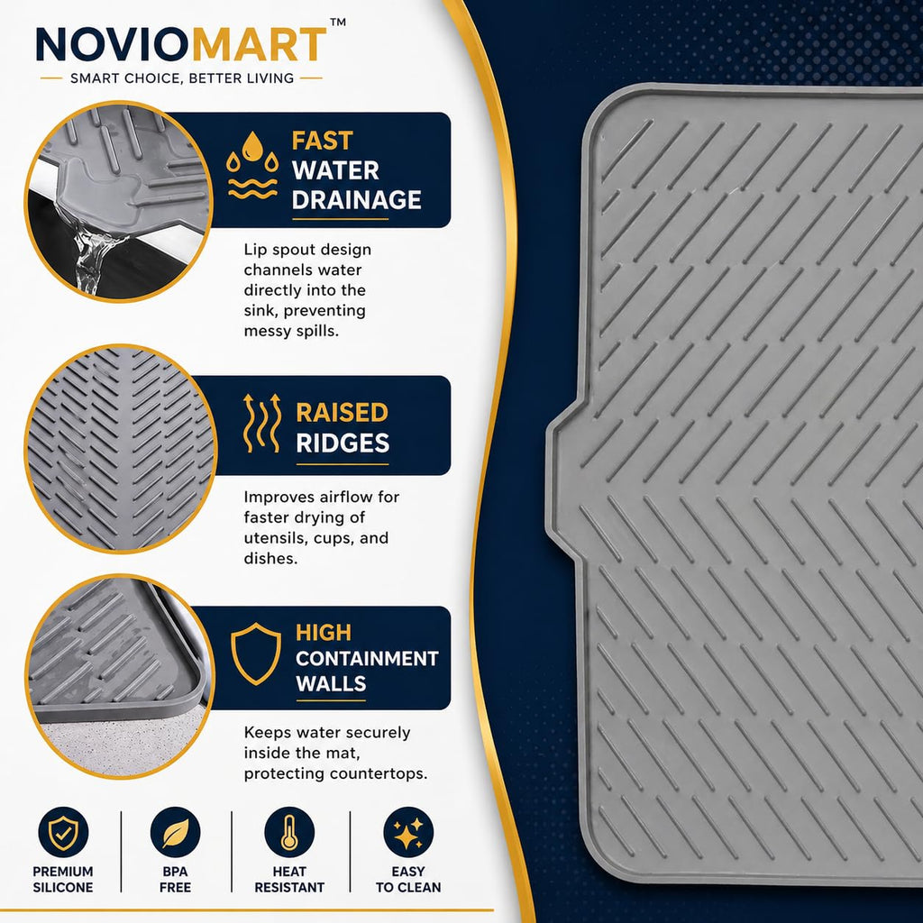 Silicone Dish Drying Mat for Kitchen Sink, Heat Resistant (50×43 cm, Grey)