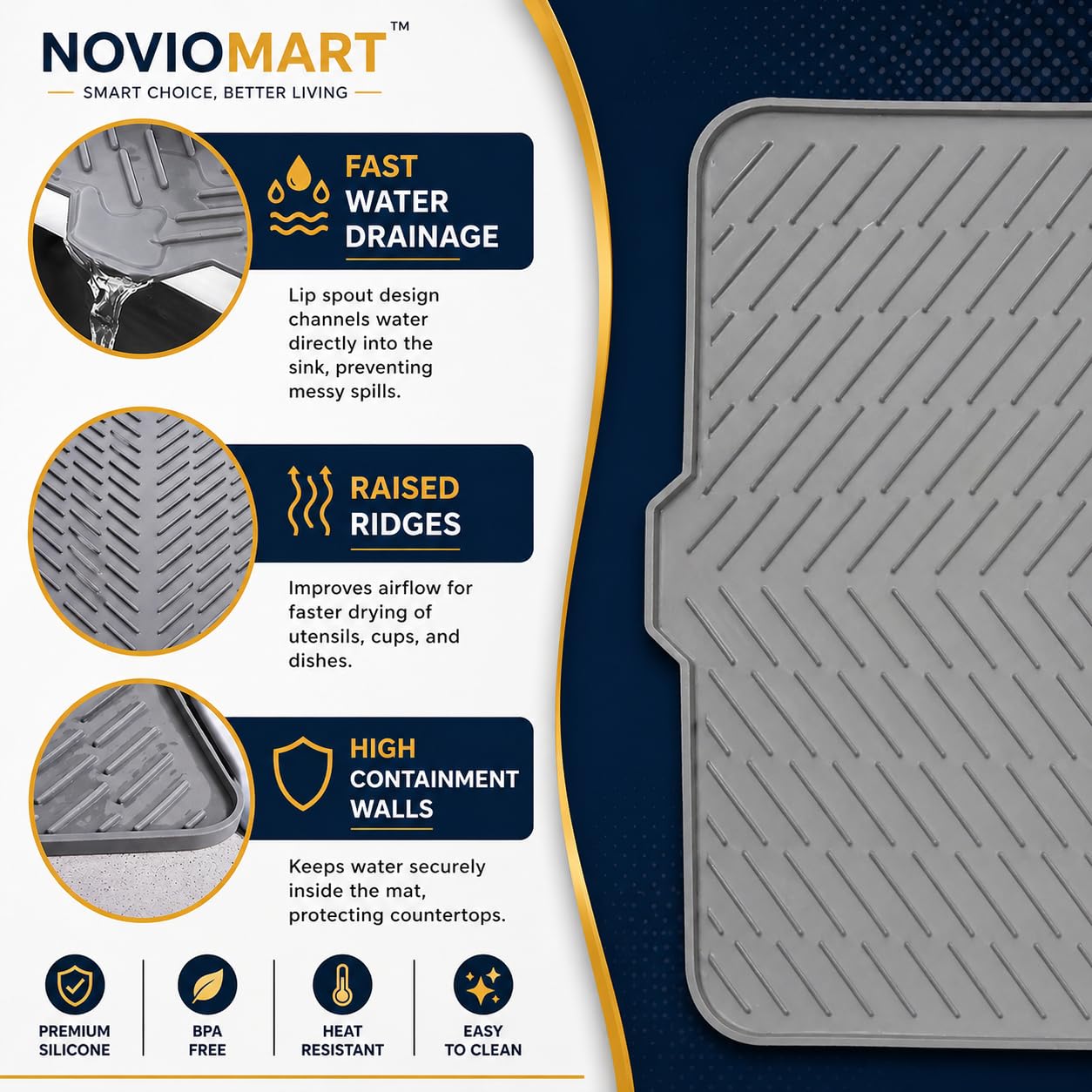 Silicone Dish Drying Mat for Kitchen Sink, Heat Resistant (50×43 cm, Grey)
