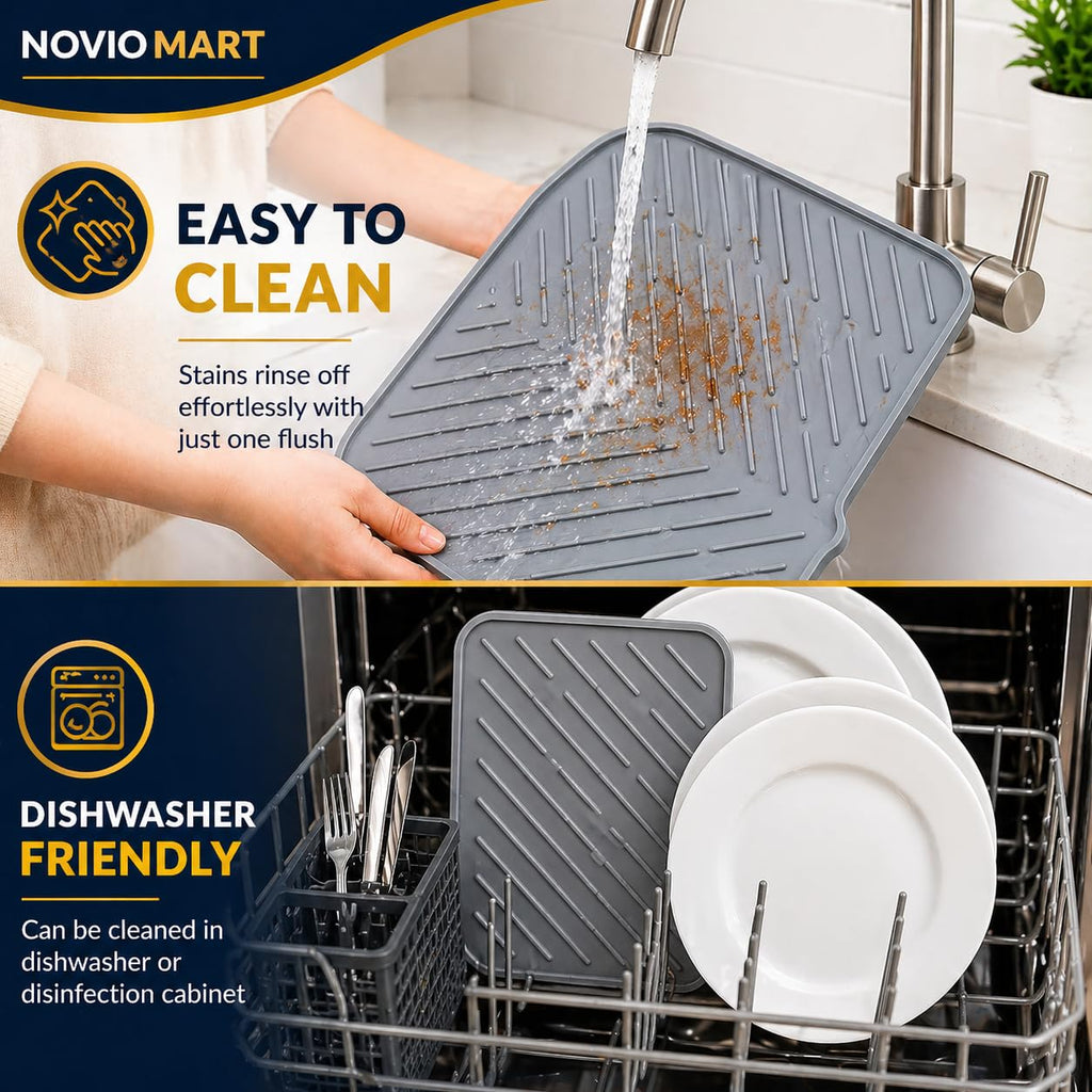 Silicone Dish Drying Mat for Kitchen Sink, Heat Resistant (50×43 cm, Grey)
