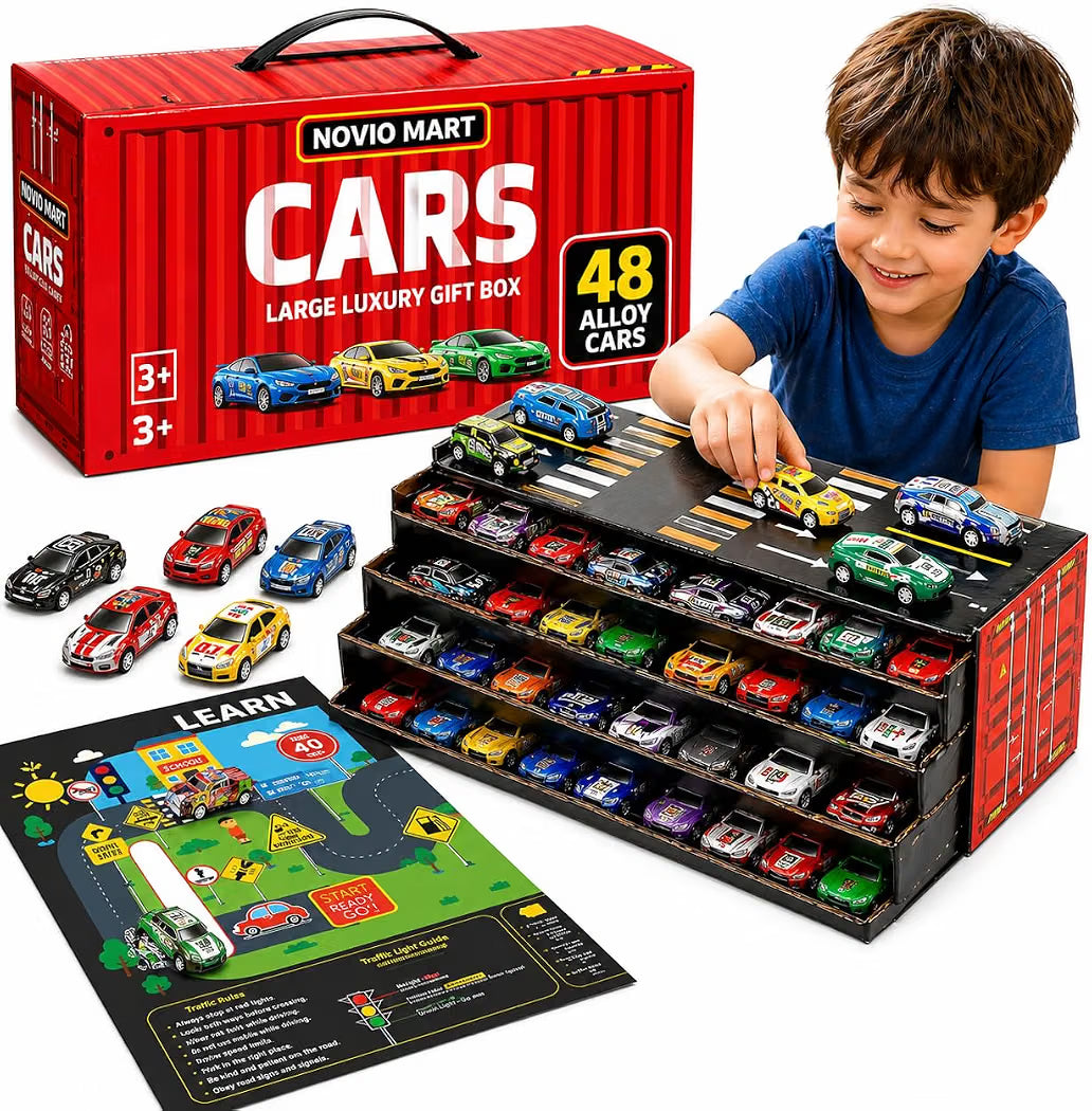 48 PCS Alloy Toy Cars Set with Storage Box & Play Mat – Pull Back Mini Die Cast Racing Cars for Kids, Educational Road Track Game,