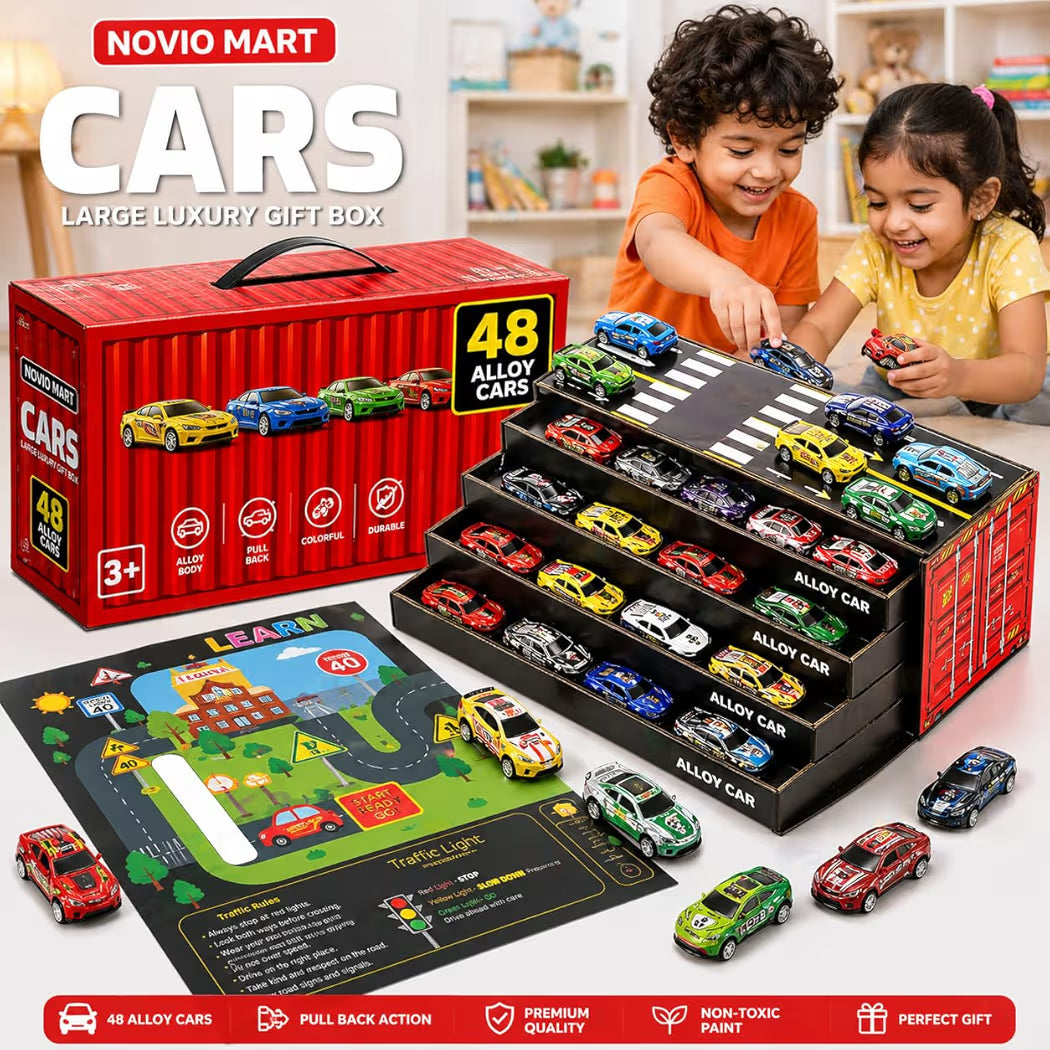 48 PCS Alloy Toy Cars Set with Storage Box & Play Mat – Pull Back Mini Die Cast Racing Cars for Kids, Educational Road Track Game,