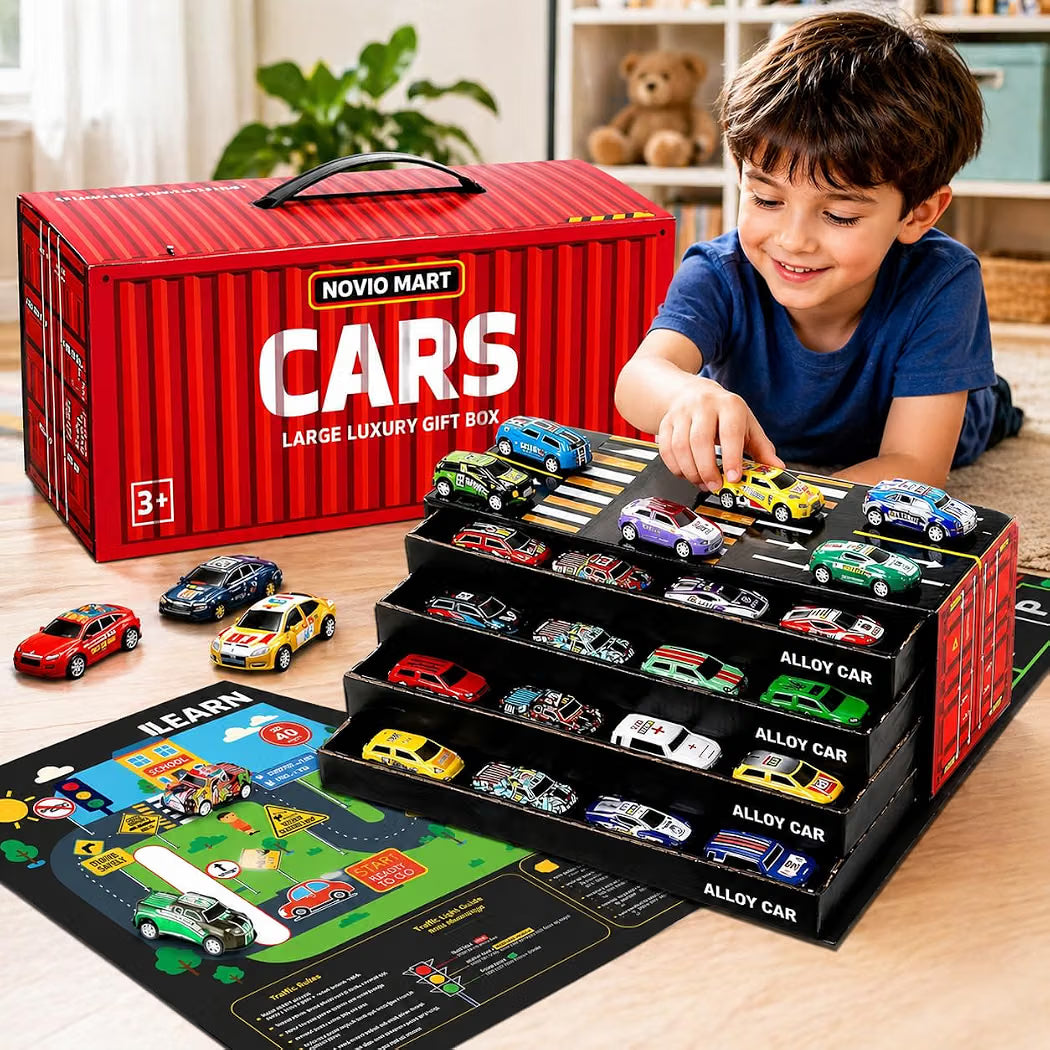 48 PCS Alloy Toy Cars Set with Storage Box & Play Mat – Pull Back Mini Die Cast Racing Cars for Kids, Educational Road Track Game,