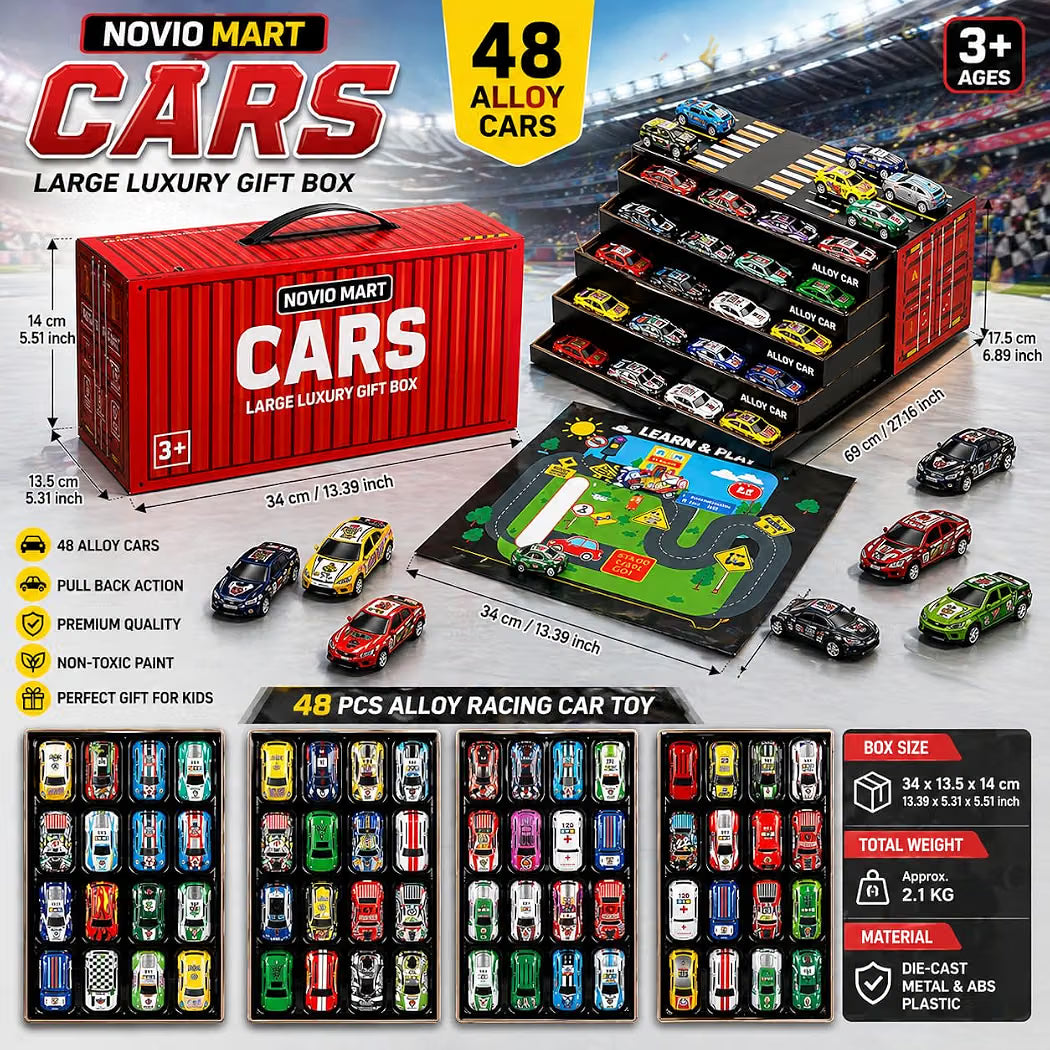 48 PCS Alloy Toy Cars Set with Storage Box & Play Mat – Pull Back Mini Die Cast Racing Cars for Kids, Educational Road Track Game,