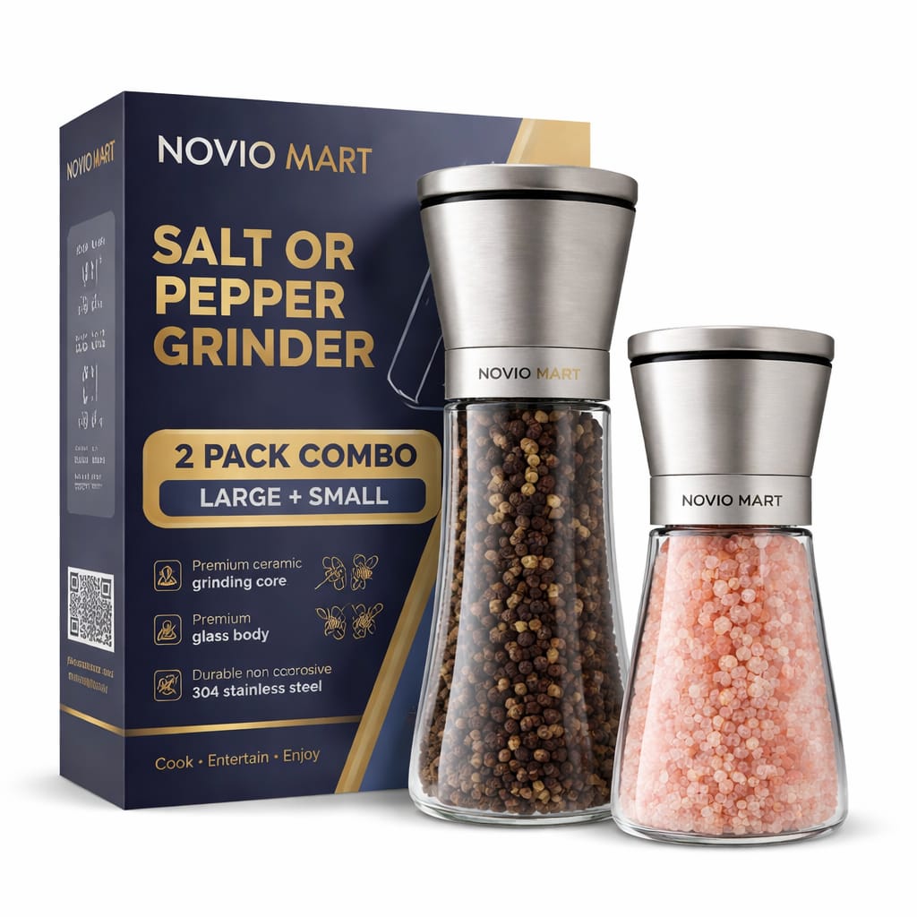 Premium Stainless Steel Salt and Pepper Grinder Shakers | Kitchen Tools Accessories Spice Mill with Ceramic Blades & Adjustable Coarseness Set –2 Piece Set (Large + Small)