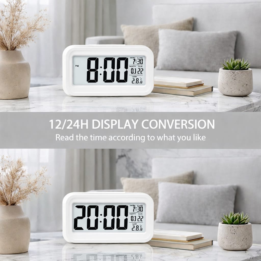 Digital Alarm Clock with Large LCD Display Compact Design for Bedside Morning Wake Up Ghadiyar, Compact Desk Table Clock for Students,Home,Bedroom, Living Room,Home Decor (White Digital)