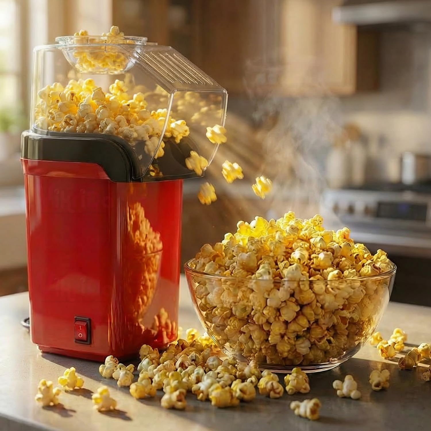 Hot Air Popper, Electric Popcorn Maker Machine 1200W,No oil needed, Healthy and Delicious Snack for Kids, Adults.Great for Holding Parties in Home (Red)