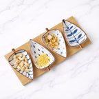 Novio Ceramic Serving Platter 4 Small Leaf-Shaped Plates with 1 Wooden Tray Bamboo| Perfect for Serving Sweets, Cookies, Dry Fruits, Mouth Freshner & Snacks (Blue & White)