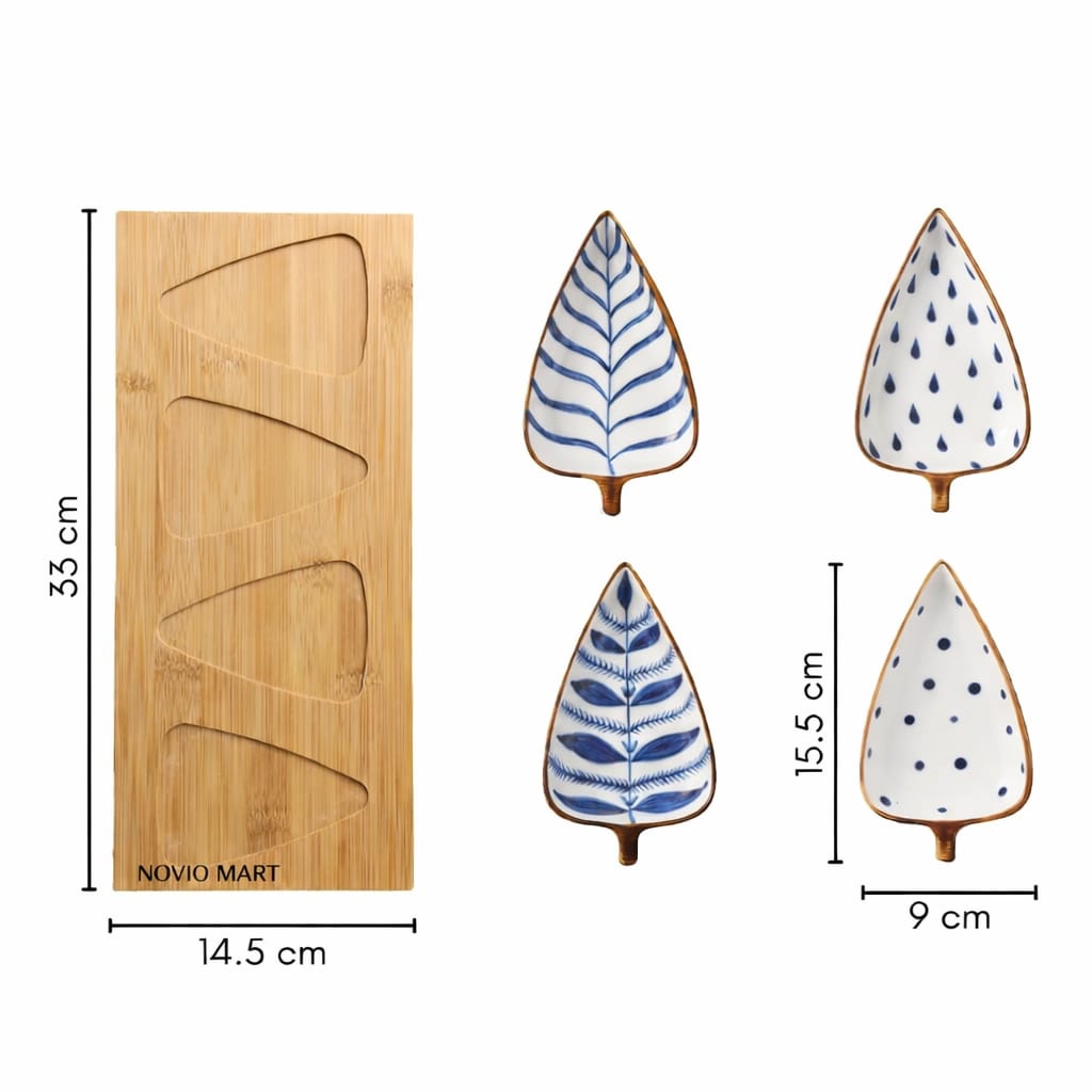 Novio Ceramic Serving Platter 4 Small Leaf-Shaped Plates with 1 Wooden Tray Bamboo| Perfect for Serving Sweets, Cookies, Dry Fruits, Mouth Freshner & Snacks (Blue & White)