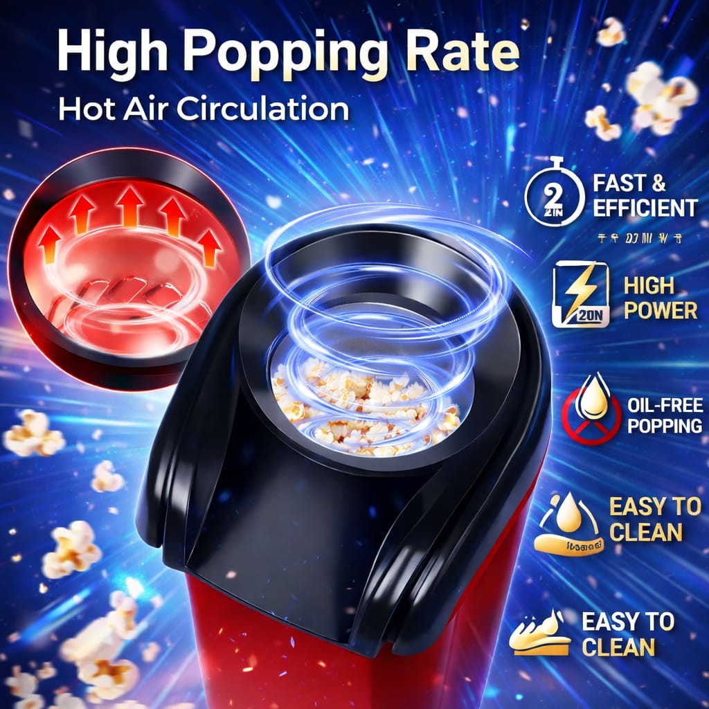 Hot Air Popper, Electric Popcorn Maker Machine 1200W,No oil needed, Healthy and Delicious Snack for Kids, Adults.Great for Holding Parties in Home (Red)