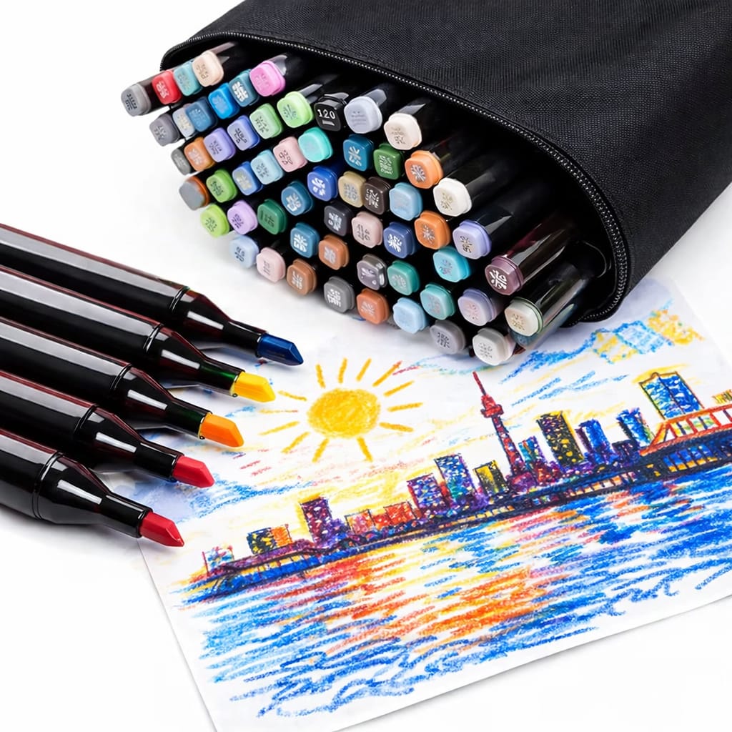 Dual Tip Colorful Art Markers Sketch Pens 24 Colors With Carrying Case For Painting Sketching Calligraphy Drawing -Twin Head Permanent Colouring Marker For Kids Adult,Multicolor Students & Artists