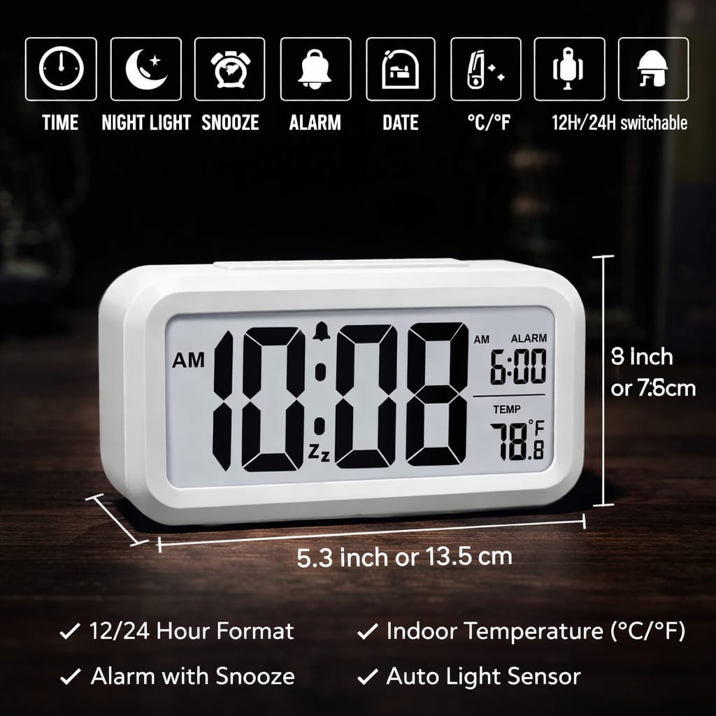 Digital Alarm Clock with Large LCD Display Compact Design for Bedside Morning Wake Up Ghadiyar, Compact Desk Table Clock for Students,Home,Bedroom, Living Room,Home Decor (White Digital)