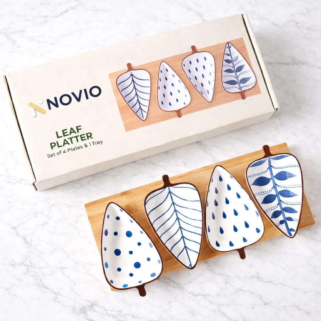 Novio Ceramic Serving Platter 4 Small Leaf-Shaped Plates with 1 Wooden Tray Bamboo| Perfect for Serving Sweets, Cookies, Dry Fruits, Mouth Freshner & Snacks (Blue & White)