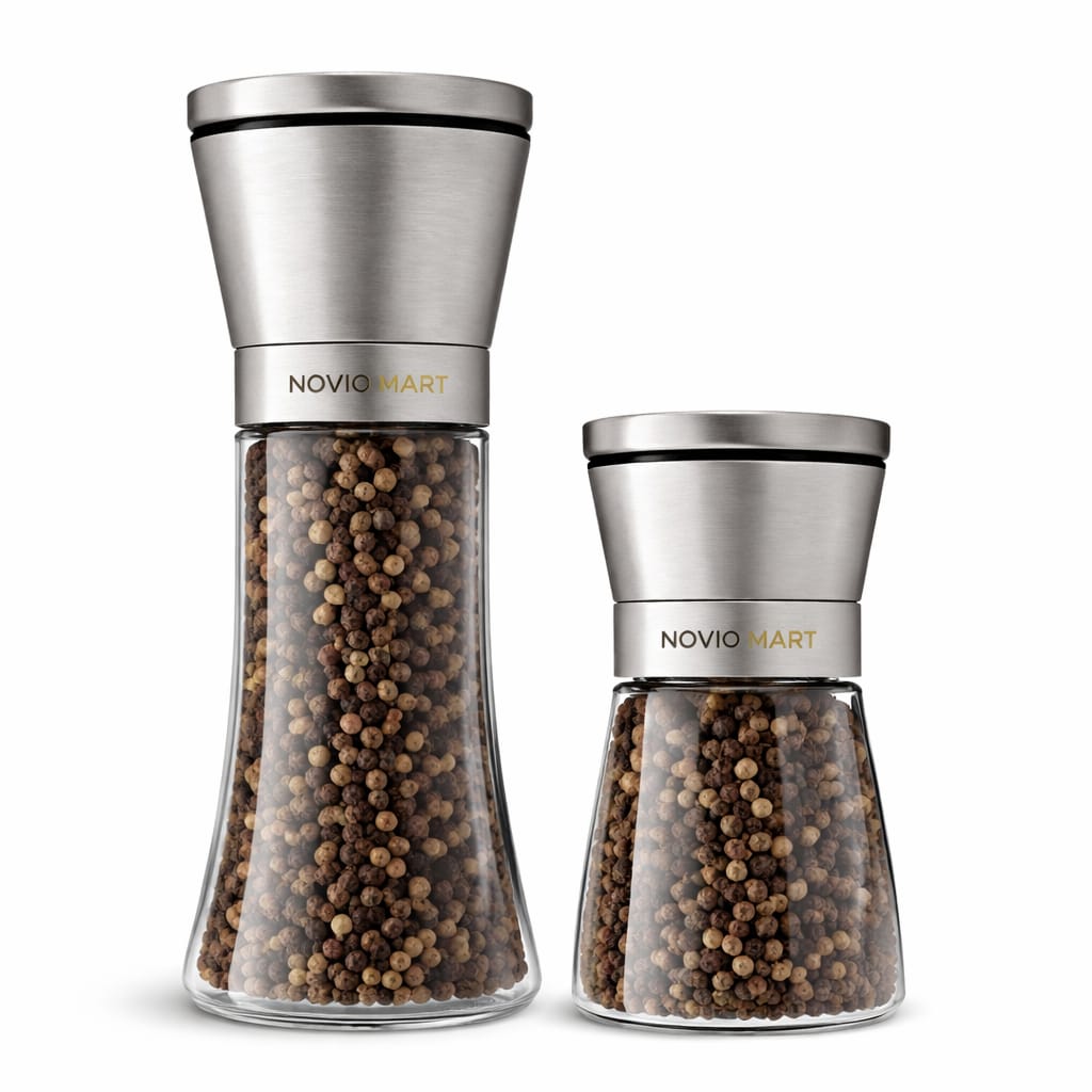 Premium Stainless Steel Salt and Pepper Grinder Shakers | Kitchen Tools Accessories Spice Mill with Ceramic Blades & Adjustable Coarseness Set –2 Piece Set (Large + Small)