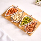 Novio Ceramic Serving Platter 4 Small Leaf-Shaped Plates with 1 Wooden Tray Bamboo| Perfect for Serving Sweets, Cookies, Dry Fruits, Mouth Freshner & Snacks (Blue & White)