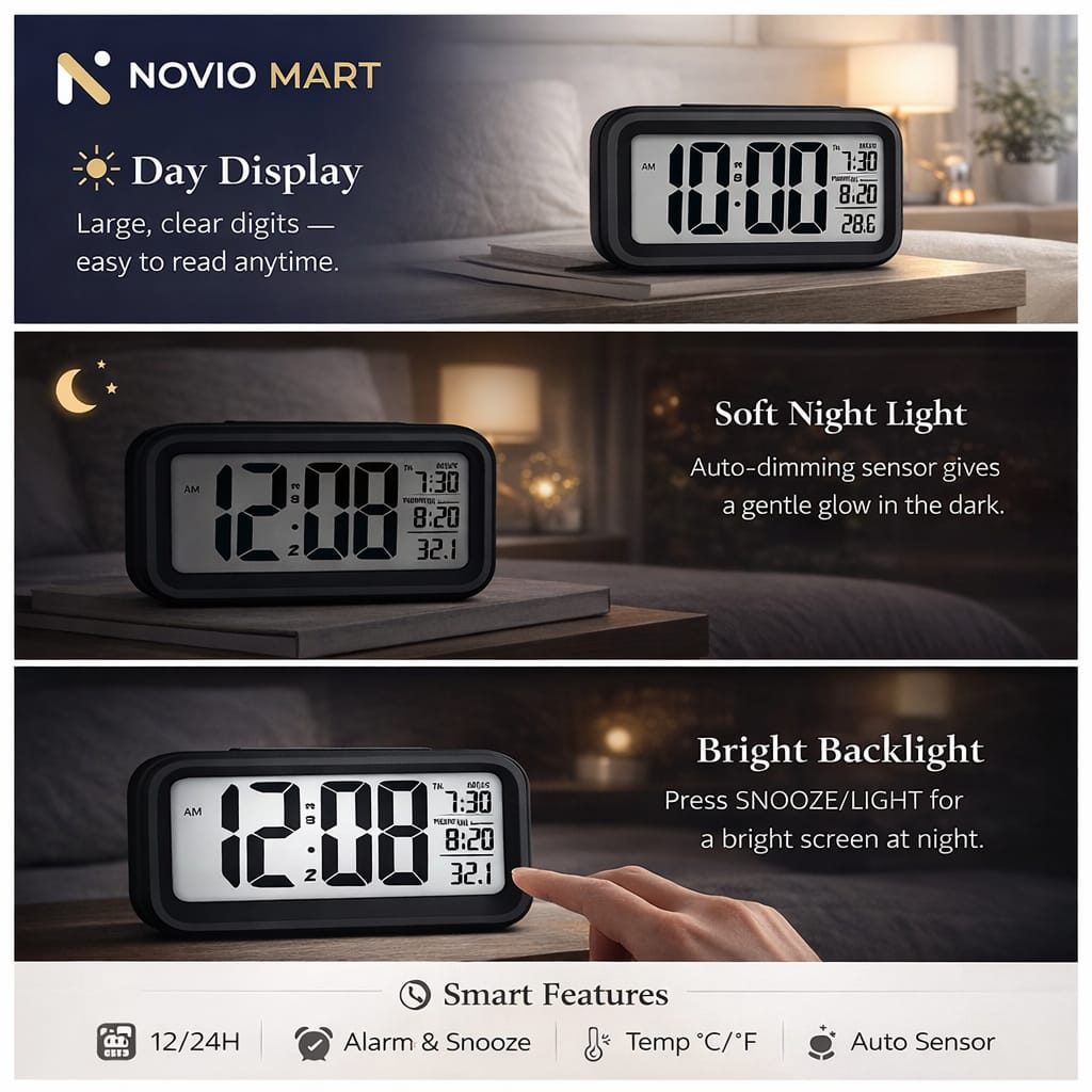 Digital Alarm Clock with Large LCD Display Compact Design for Bedside Morning Wake Up Ghadiyar, Compact Desk Table Clock for Students,Home,Bedroom, Living Room,Home Decor (Black Digital)