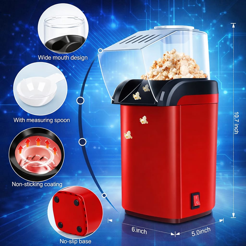 Hot Air Popper, Electric Popcorn Maker Machine 1200W,No oil needed, Healthy and Delicious Snack for Kids, Adults.Great for Holding Parties in Home (Red)