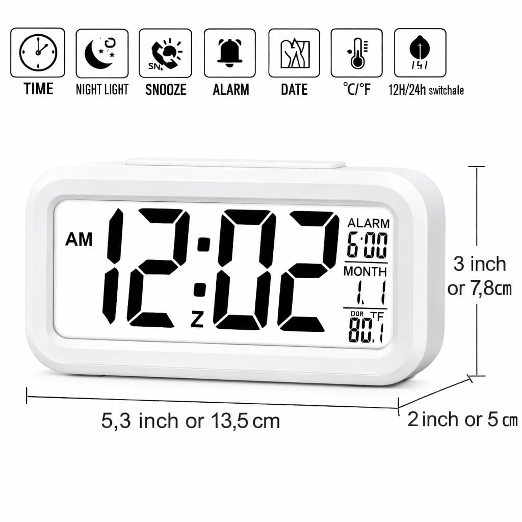 Digital Alarm Clock with Large LCD Display Compact Design for Bedside Morning Wake Up Ghadiyar, Compact Desk Table Clock for Students,Home,Bedroom, Living Room,Home Decor (White Digital)