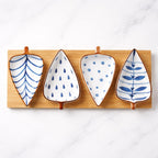 Novio Ceramic Serving Platter 4 Small Leaf-Shaped Plates with 1 Wooden Tray Bamboo| Perfect for Serving Sweets, Cookies, Dry Fruits, Mouth Freshner & Snacks (Blue & White)