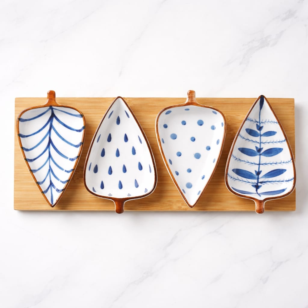 Novio Ceramic Serving Platter 4 Small Leaf-Shaped Plates with 1 Wooden Tray Bamboo| Perfect for Serving Sweets, Cookies, Dry Fruits, Mouth Freshner & Snacks (Blue & White)