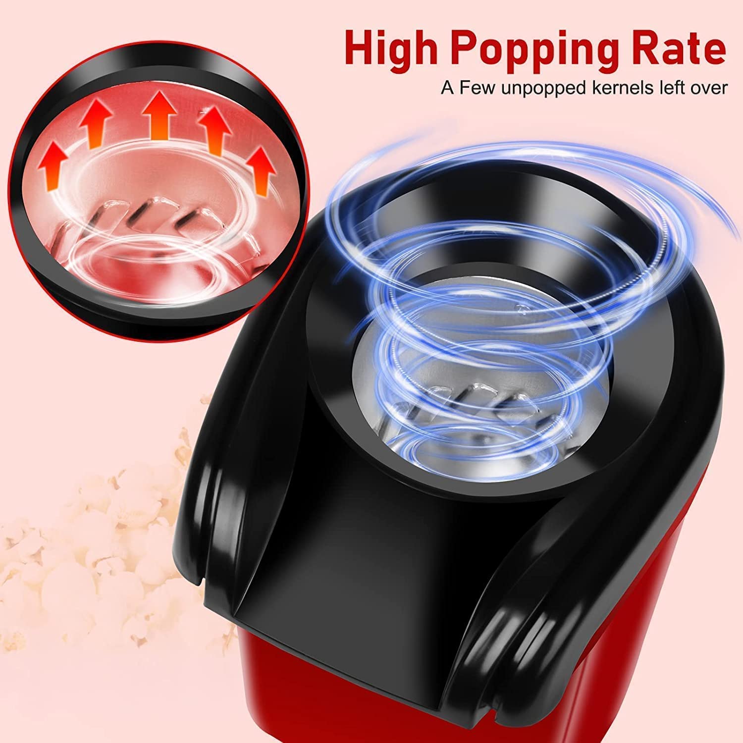 Hot Air Popper, Electric Popcorn Maker Machine 1200W,No oil needed, Healthy and Delicious Snack for Kids, Adults.Great for Holding Parties in Home (Red)