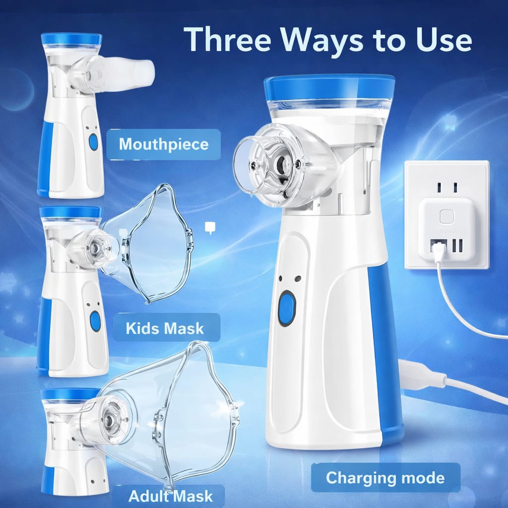 Portable Mesh Nebulizer: Handheld Respiratory Care Device, Quiet & Efficient Ultrasonic Mist, Dual-Power Options Full Family Kit with BPA-Free Masks & Mouthpiece (2025 Self - Cleaning Upgraded)