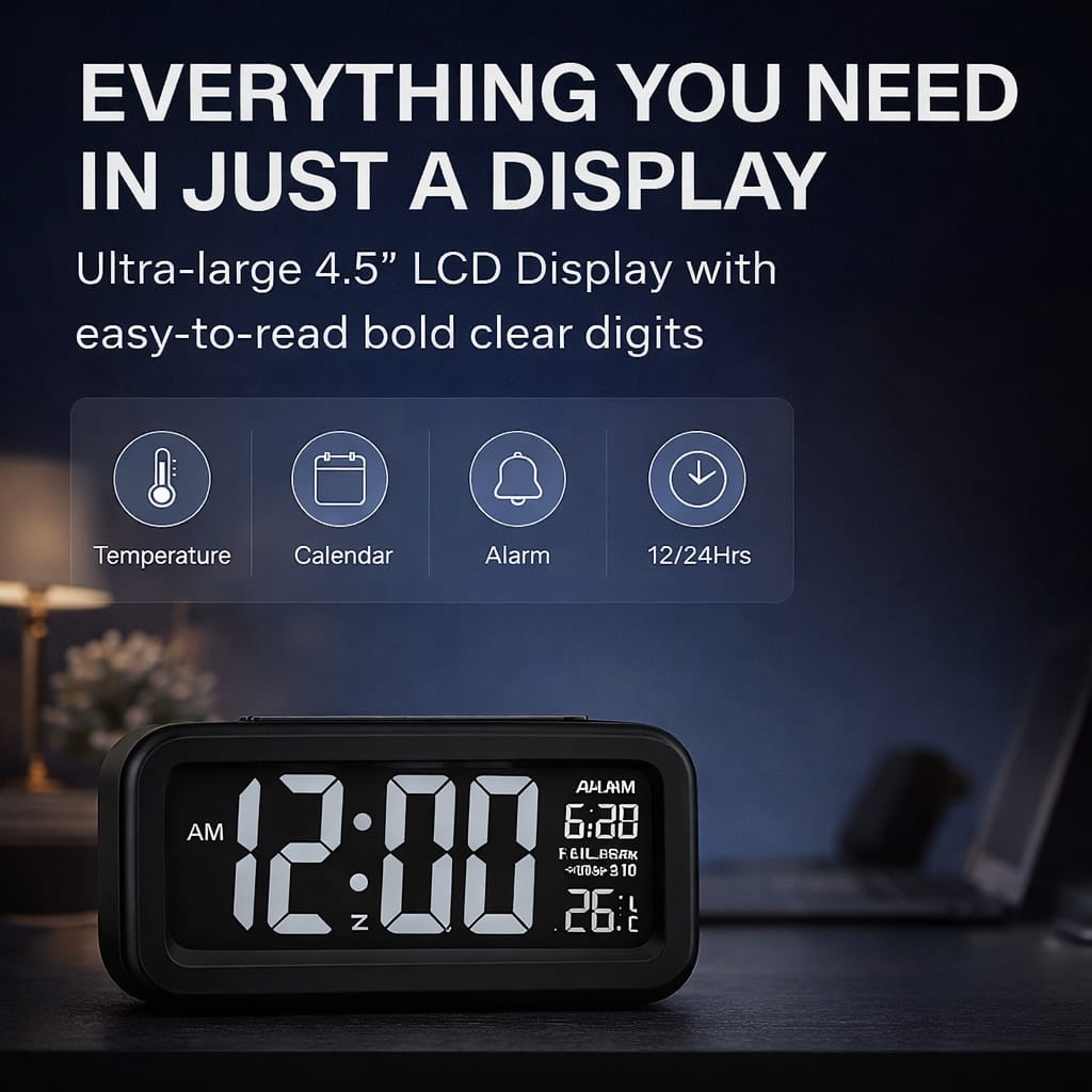 Digital Alarm Clock with Large LCD Display Compact Design for Bedside Morning Wake Up Ghadiyar, Compact Desk Table Clock for Students,Home,Bedroom, Living Room,Home Decor (Black Digital)