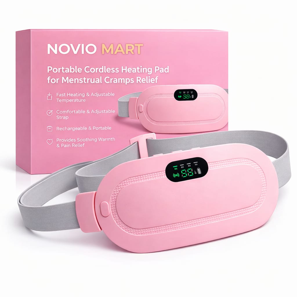 NOVIO Portable Cordless Heating Pad for Menstrual Cramps Relief, for Stomach, 3-Speed Temperature Adjustment and 4-Speed Massage Modes, Back and Belly Heating Pad for Women Pink Color
