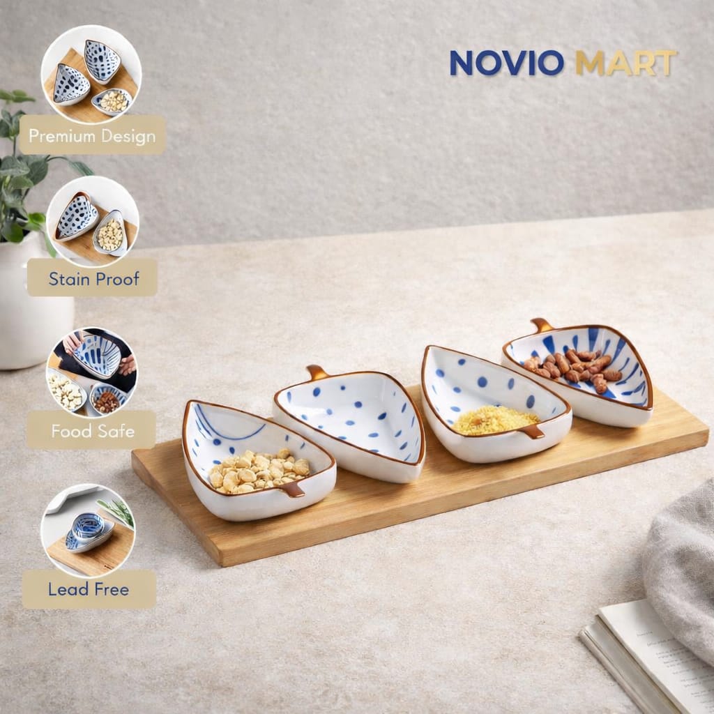 Novio Ceramic Serving Platter 4 Small Leaf-Shaped Plates with 1 Wooden Tray Bamboo| Perfect for Serving Sweets, Cookies, Dry Fruits, Mouth Freshner & Snacks (Blue & White)