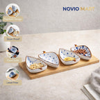 Novio Ceramic Serving Platter 4 Small Leaf-Shaped Plates with 1 Wooden Tray Bamboo| Perfect for Serving Sweets, Cookies, Dry Fruits, Mouth Freshner & Snacks (Blue & White)