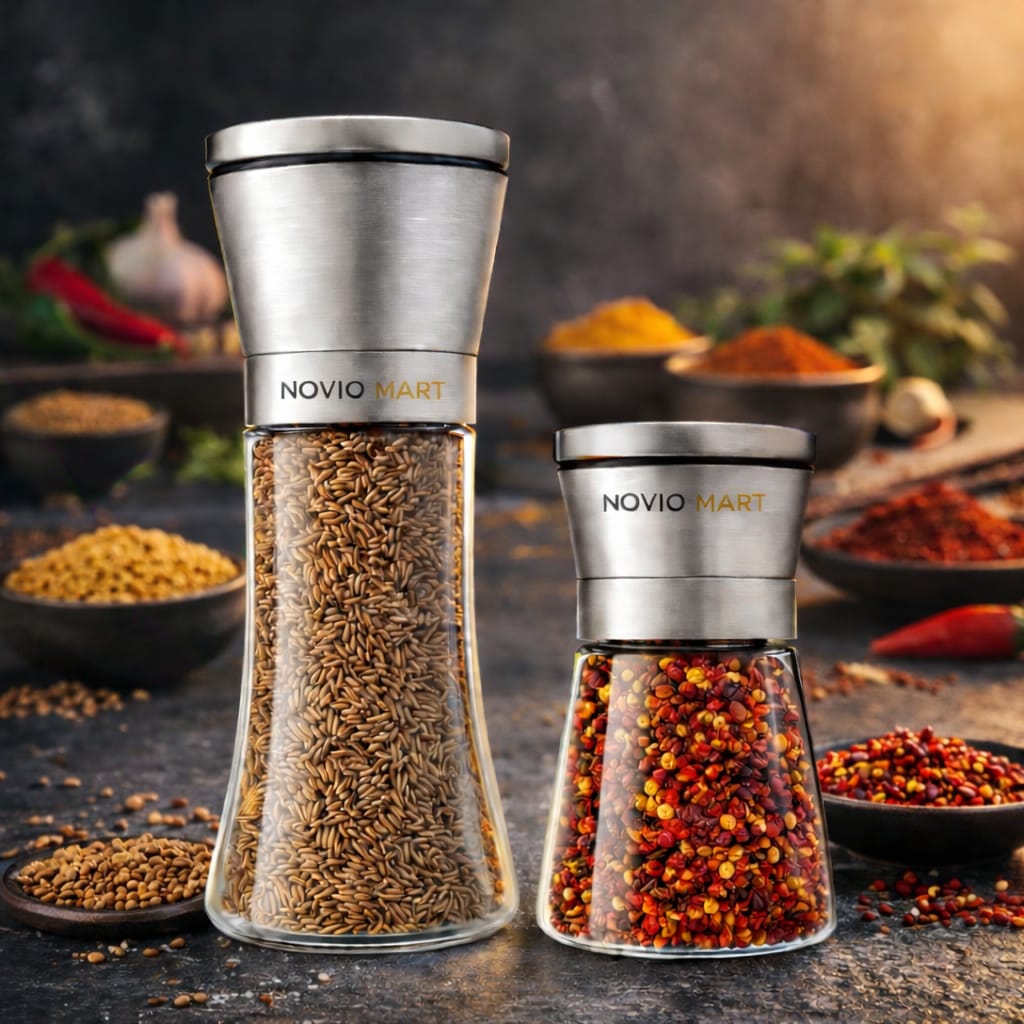 Premium Stainless Steel Salt and Pepper Grinder Shakers | Kitchen Tools Accessories Spice Mill with Ceramic Blades & Adjustable Coarseness Set –2 Piece Set (Large + Small)