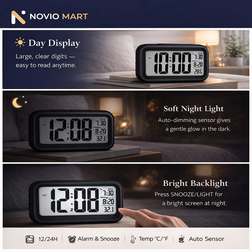 Digital Alarm Clock with Large LCD Display Compact Design for Bedside Morning Wake Up Ghadiyar, Compact Desk Table Clock for Students,Home,Bedroom, Living Room,Home Decor (Black Digital)