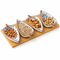 Novio Ceramic Serving Platter 4 Small Leaf-Shaped Plates with 1 Wooden Tray Bamboo| Perfect for Serving Sweets, Cookies, Dry Fruits, Mouth Freshner & Snacks (Blue & White)