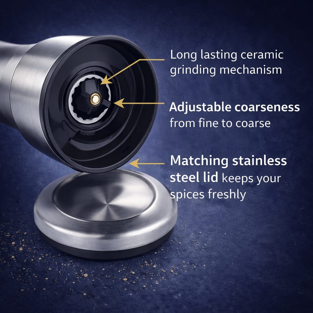 Premium Stainless Steel Salt and Pepper Grinder Shakers | Kitchen Tools Accessories Spice Mill with Ceramic Blades & Adjustable Coarseness Set –2 Piece Set (Large + Small)