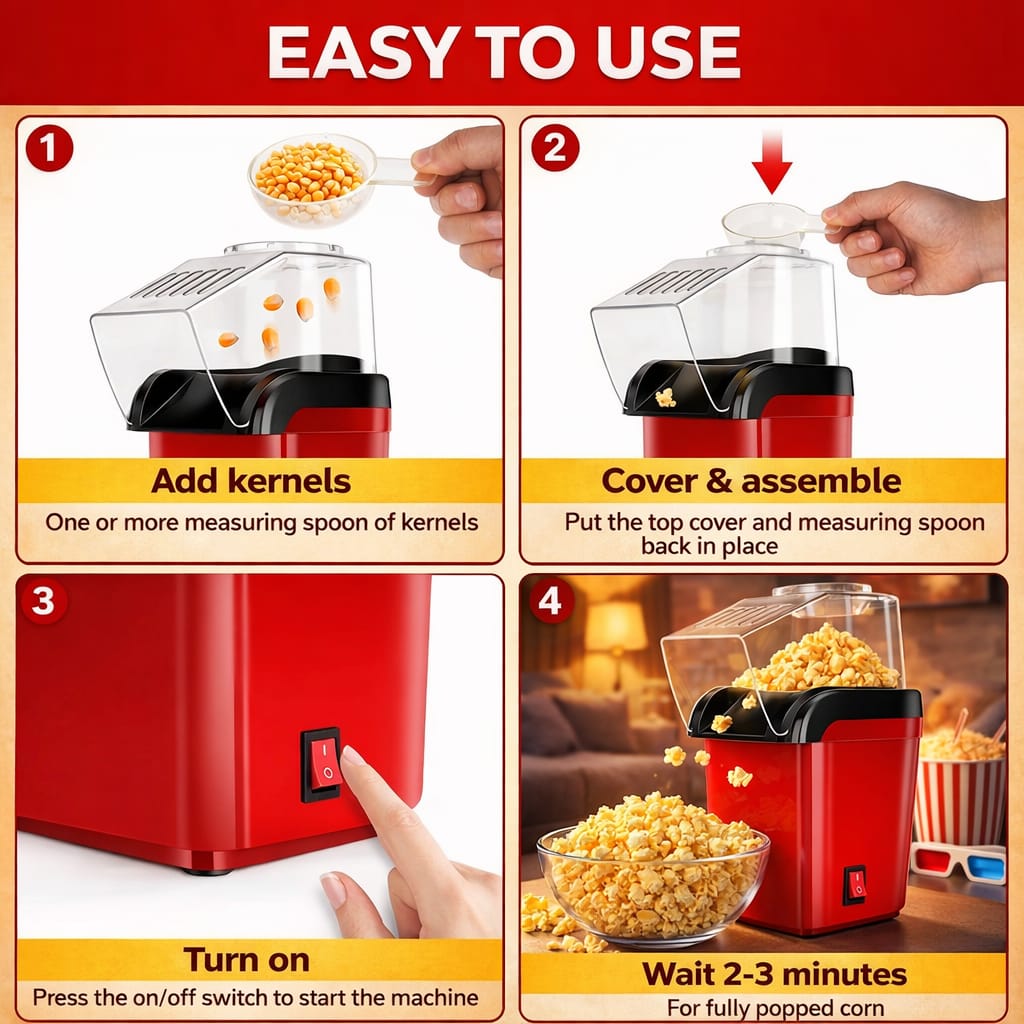 Hot Air Popper, Electric Popcorn Maker Machine 1200W,No oil needed, Healthy and Delicious Snack for Kids, Adults.Great for Holding Parties in Home (Red)