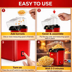 Hot Air Popper, Electric Popcorn Maker Machine 1200W,No oil needed, Healthy and Delicious Snack for Kids, Adults.Great for Holding Parties in Home (Red)