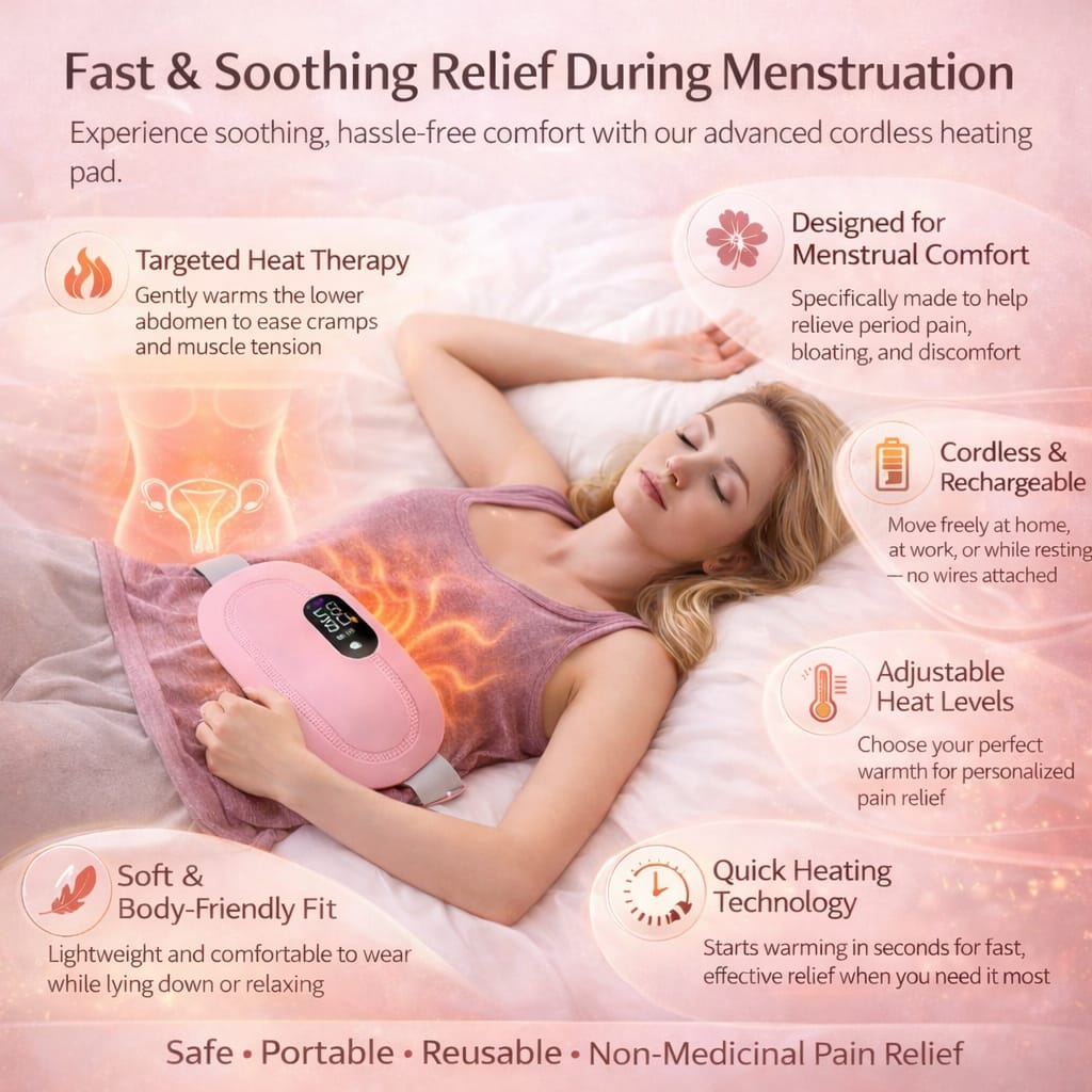 NOVIO Portable Cordless Heating Pad for Menstrual Cramps Relief, for Stomach, 3-Speed Temperature Adjustment and 4-Speed Massage Modes, Back and Belly Heating Pad for Women Pink Color