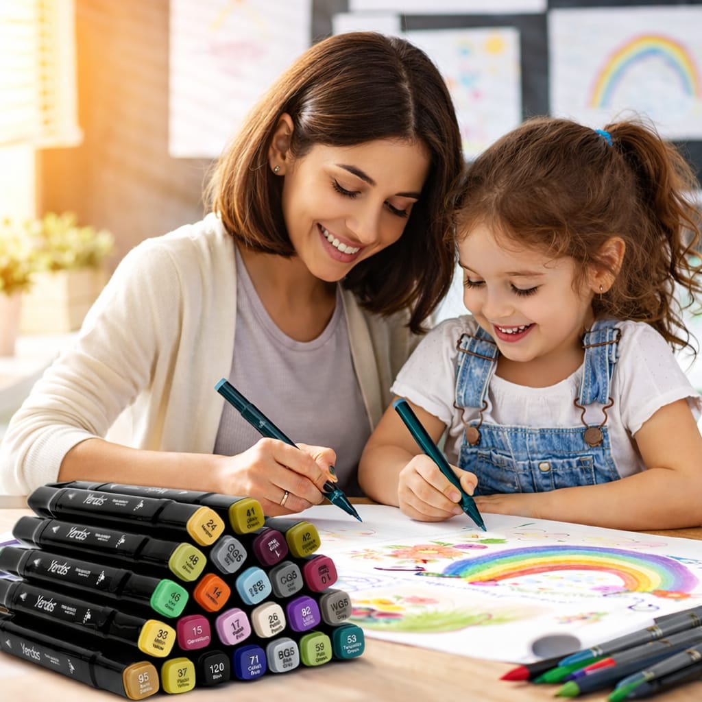 Dual Tip Colorful Art Markers Sketch Pens 24 Colors With Carrying Case For Painting Sketching Calligraphy Drawing -Twin Head Permanent Colouring Marker For Kids Adult,Multicolor Students & Artists