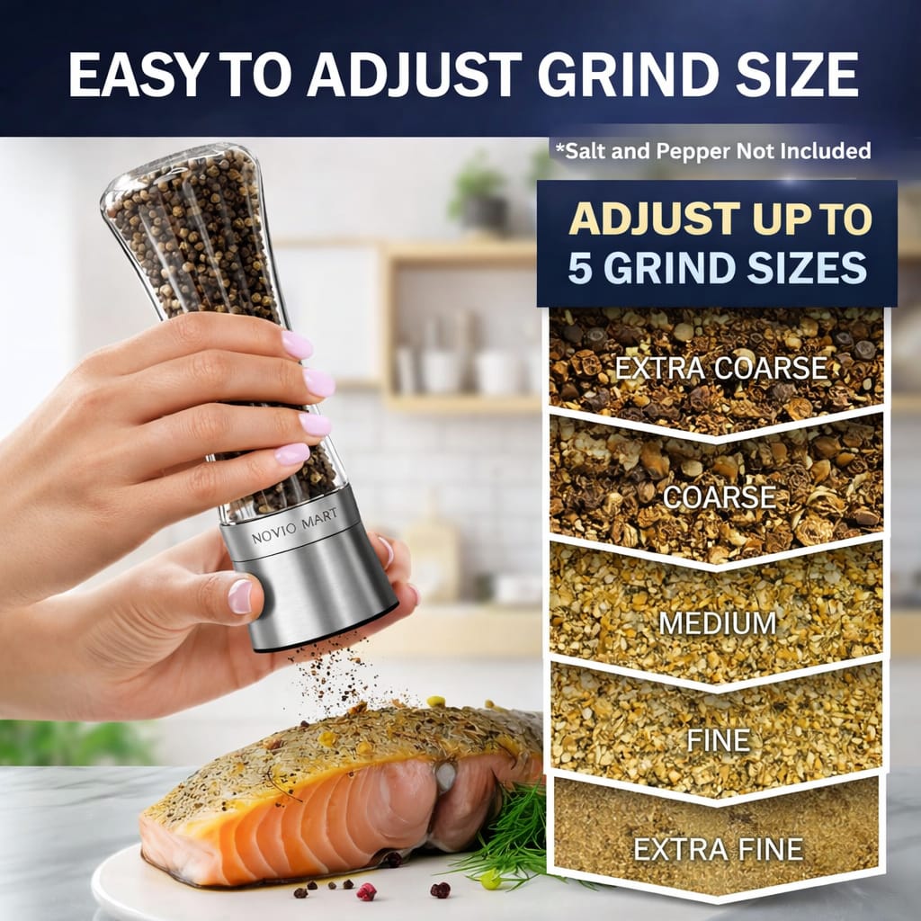 Premium Stainless Steel Salt and Pepper Grinder Shakers | Kitchen Tools Accessories Spice Mill with Ceramic Blades & Adjustable Coarseness Set –2 Piece Set (Large + Small)