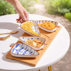 Novio Ceramic Serving Platter 4 Small Leaf-Shaped Plates with 1 Wooden Tray Bamboo| Perfect for Serving Sweets, Cookies, Dry Fruits, Mouth Freshner & Snacks (Blue & White)