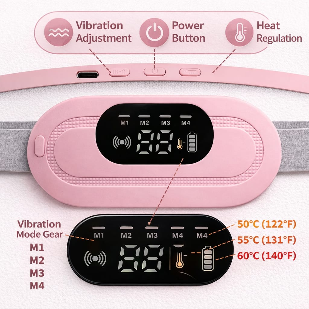 NOVIO Portable Cordless Heating Pad for Menstrual Cramps Relief, for Stomach, 3-Speed Temperature Adjustment and 4-Speed Massage Modes, Back and Belly Heating Pad for Women Pink Color