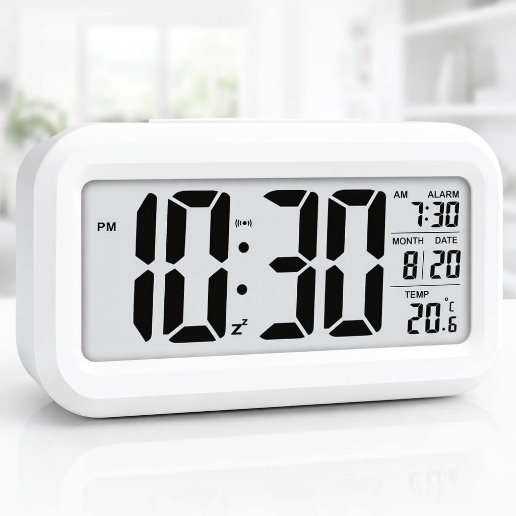 Digital Alarm Clock with Large LCD Display Compact Design for Bedside Morning Wake Up Ghadiyar, Compact Desk Table Clock for Students,Home,Bedroom, Living Room,Home Decor (White Digital)