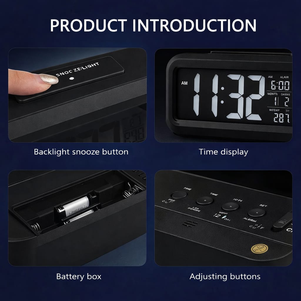 Digital Alarm Clock with Large LCD Display Compact Design for Bedside Morning Wake Up Ghadiyar, Compact Desk Table Clock for Students,Home,Bedroom, Living Room,Home Decor (Black Digital)