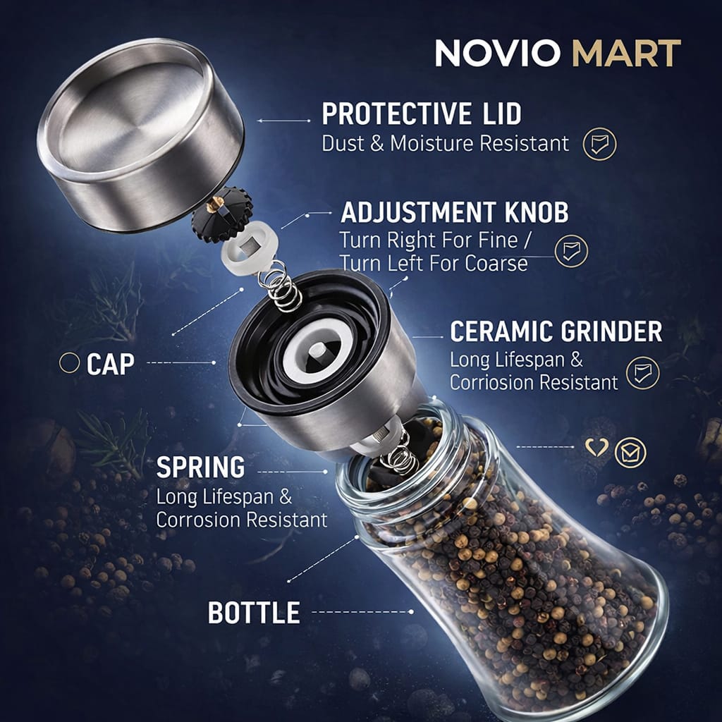 Premium Stainless Steel Salt and Pepper Grinder Shakers | Kitchen Tools Accessories Spice Mill with Ceramic Blades & Adjustable Coarseness Set –2 Piece Set (Large + Small)